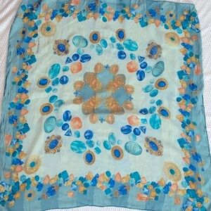 Prochownick Gemstone Patterned Silk Scarf Blue Gold Rolled Edge